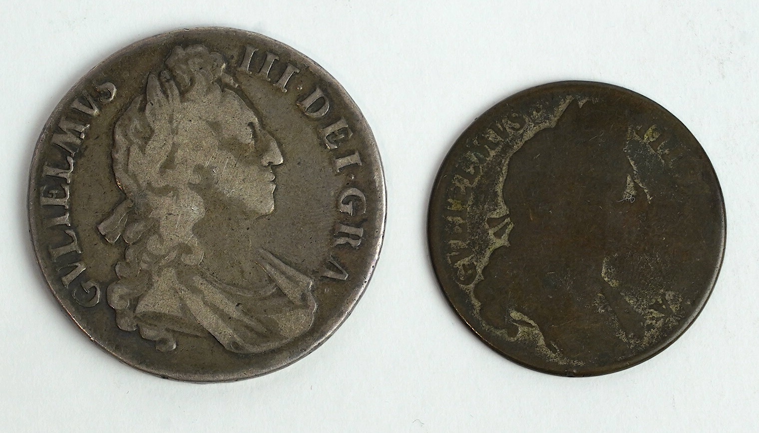 British coins, William III (1694-1702), silver crown ,1695, (S3470), near fine and a contemporary plated copper counterfeit of a halfcrown
